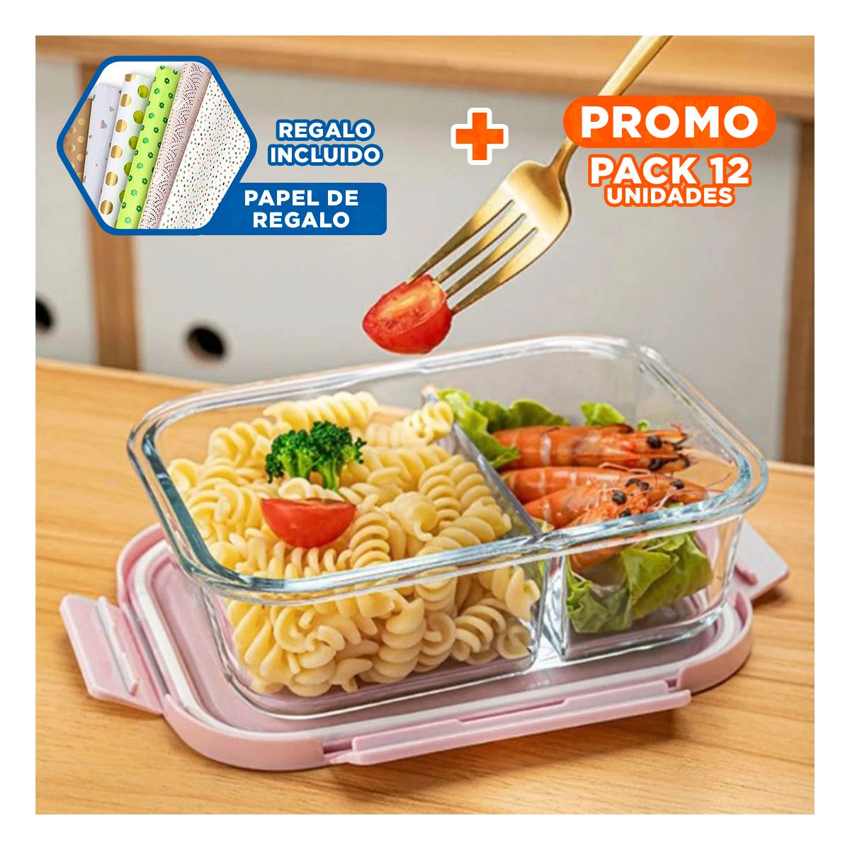 PACK12 CONTENEDOR DE VIDRIO CON 2 DIVISIONES FUNCIONALES Y TAPA EN COLOR ROSADO Y+PAPEL REGALO - 1