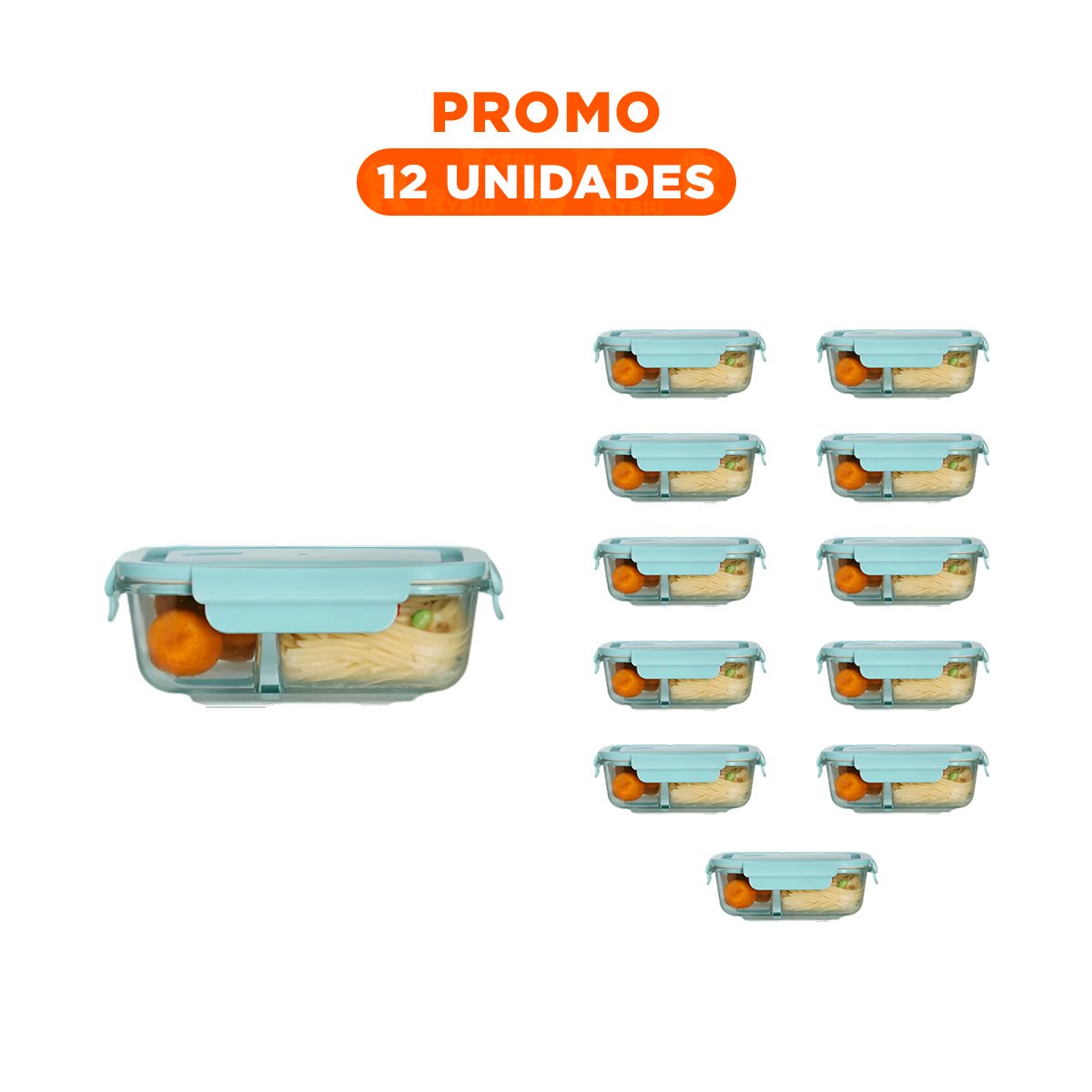PACK12 CONTENEDOR CON TAPA COLOR CELESTE DE VIDRIO Y 2 DIVISIONES Y+REGALO STICKER - 1