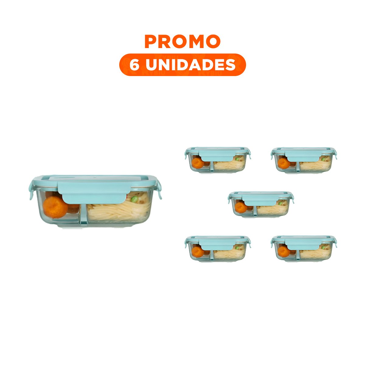 PACK6 CONTENEDOR DE VIDRIO PARA ALIMENTOS CON 2 DIVISIONES Y TAPA CELESTE - 1