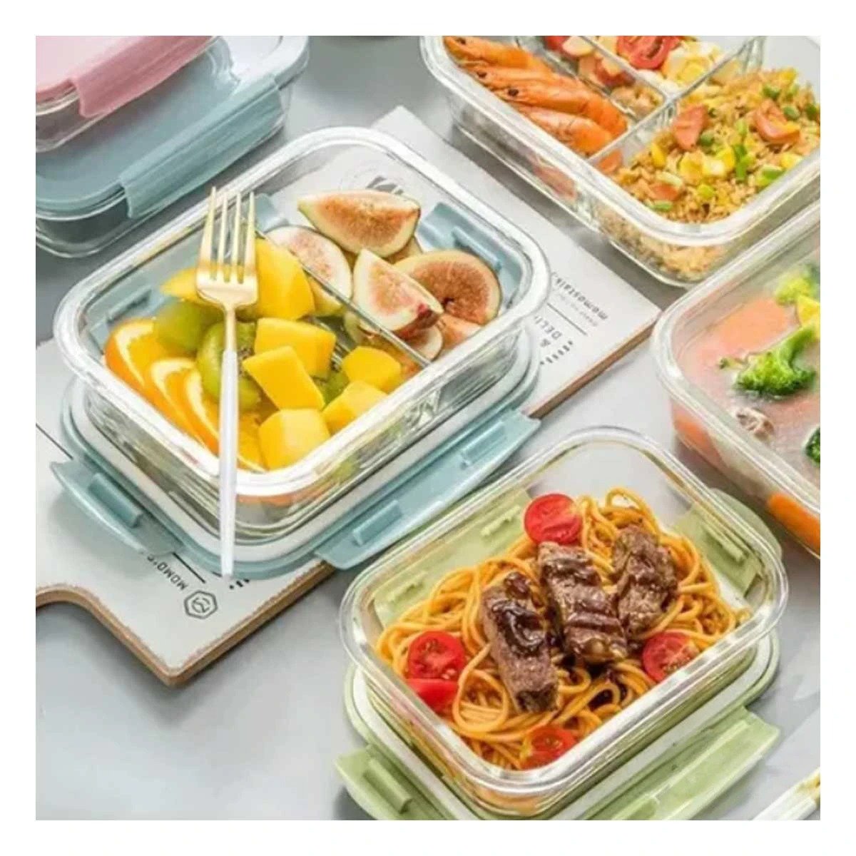 PACK6 CONTENEDOR DE VIDRIO PARA ALIMENTOS CON 2 DIVISIONES Y TAPA CELESTE - 2