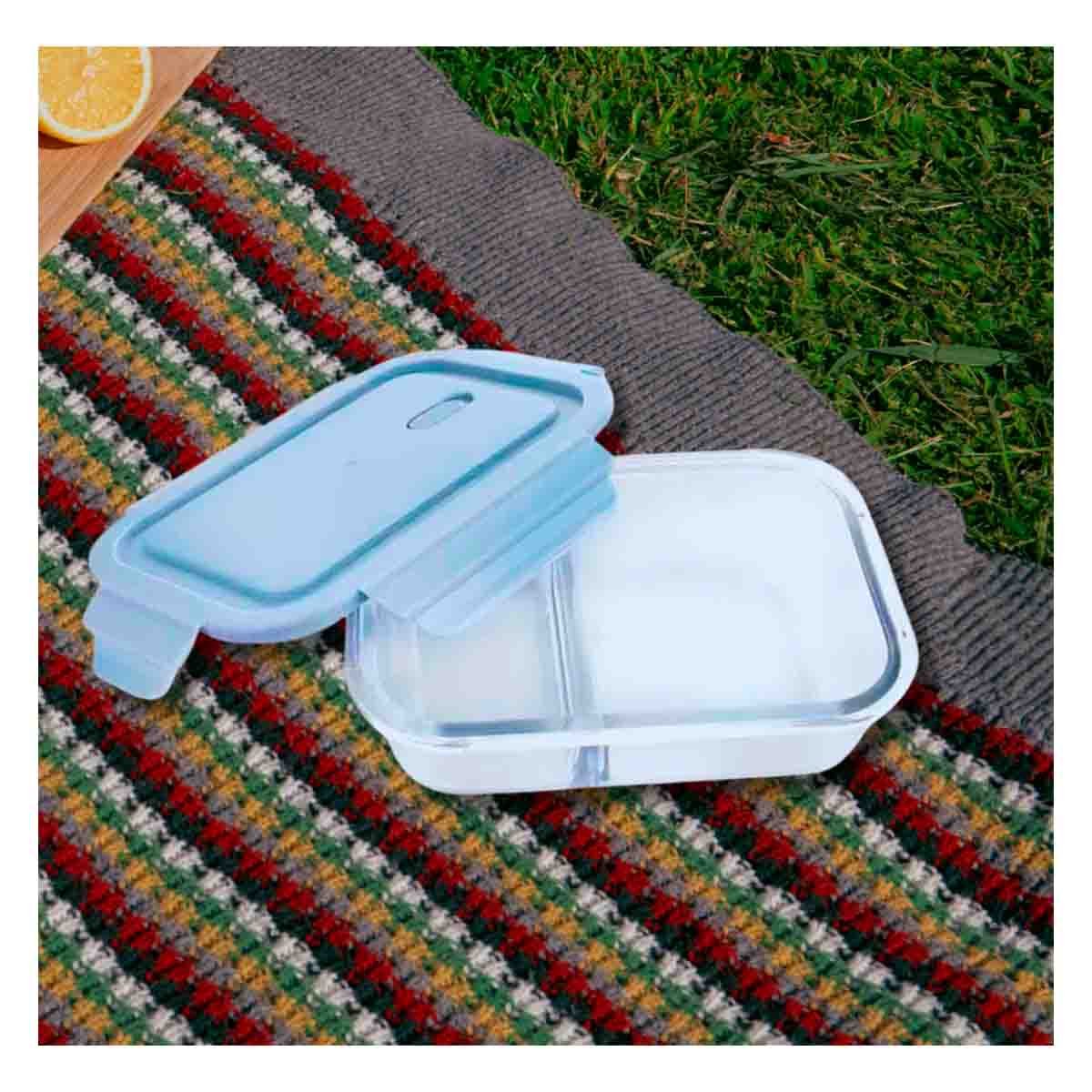 PACK6 CONTENEDOR DE VIDRIO PARA ALIMENTOS CON 2 DIVISIONES Y TAPA CELESTE - 5