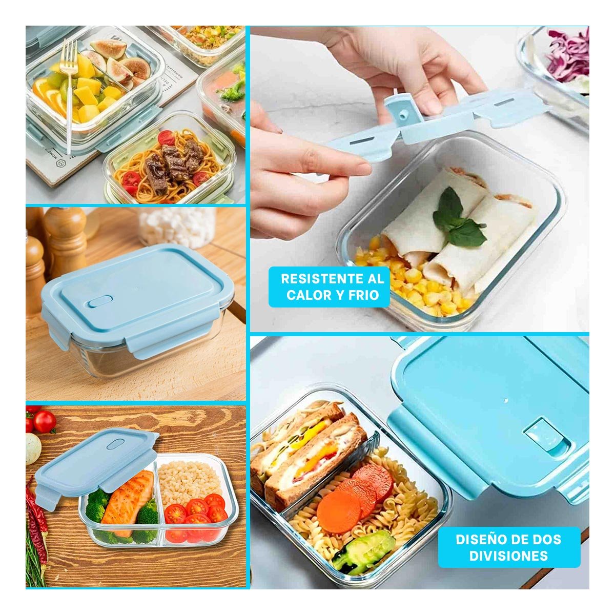 PACK12 CONTENEDOR DE VIDRIO CON 2 DIVISIONES FUNCIONALES Y TAPA EN COLOR CELESTE Y+PAPEL REGALO - 2