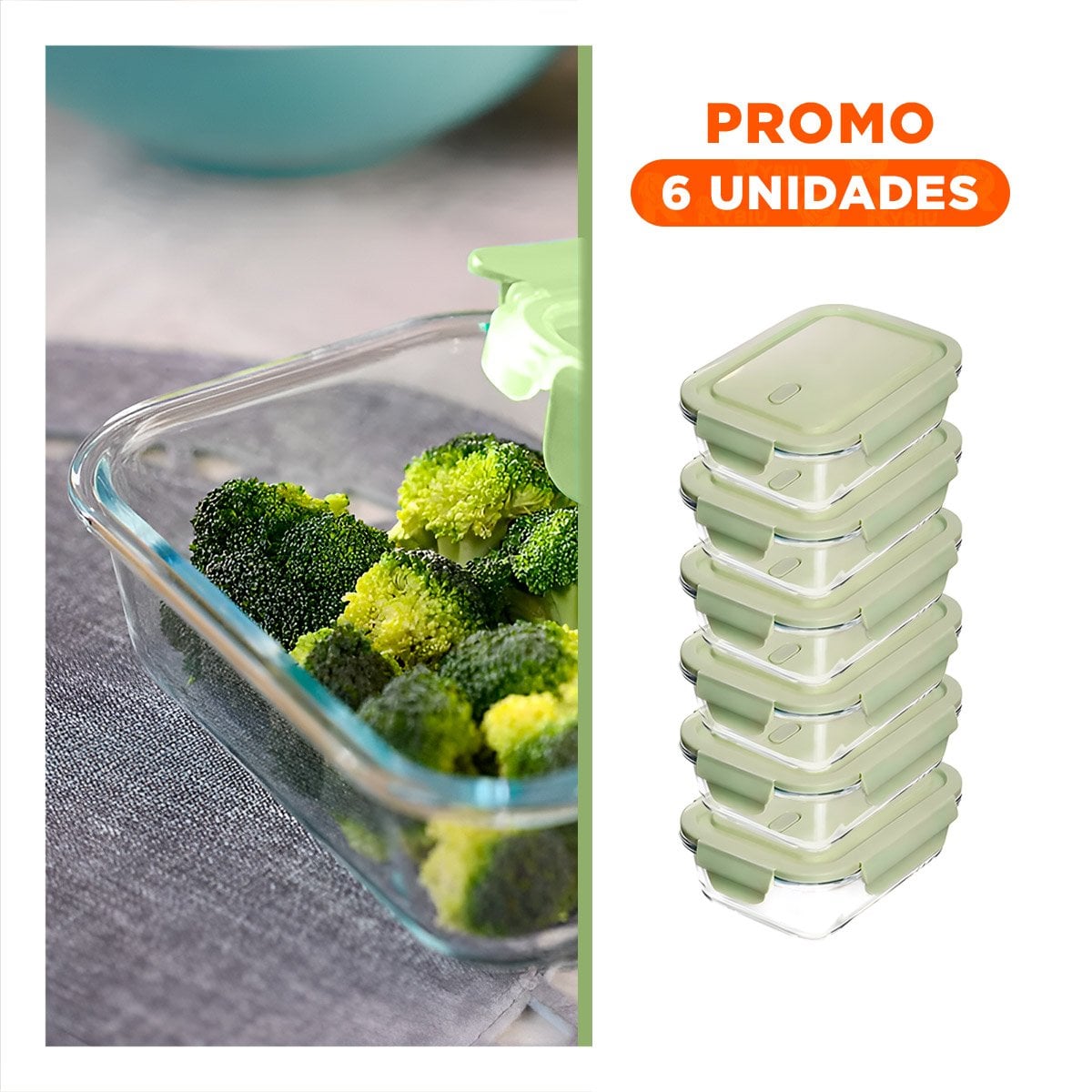 PACK6 RECIPIENTE PEQUENO DE VIDRIO 410 ML CON TAPA VERDE COCINA - 1
