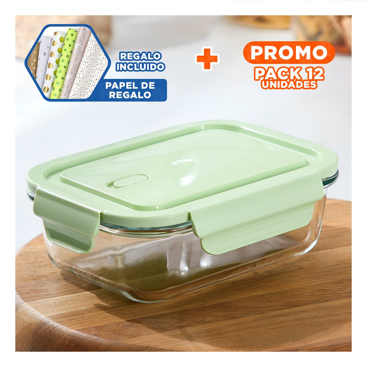 PACK12 ENVASE COMPACTO DE VIDRIO 410 ML CON TAPA VERDE USO DIARIO Y+PAPEL REGALO - 1