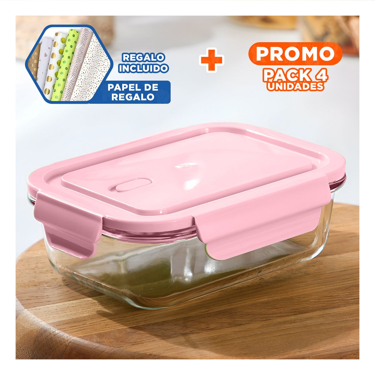 PACK4 RECIPIENTE COMPACTO DE VIDRIO 410 ML CON TAPA FIRME ROSADO COCINA Y+PAPEL REGALO - 1