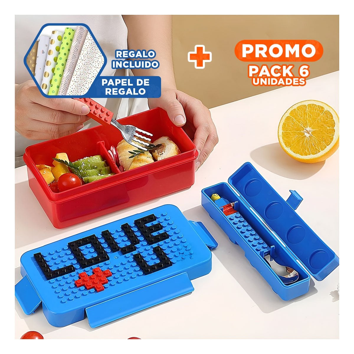 PACK6 CONJUNTO INFANTIL DE PLASTICO CON 3 TAPERES EN VARIOS COLORES PARA SNACKS Y+PAPEL REGALO - 1