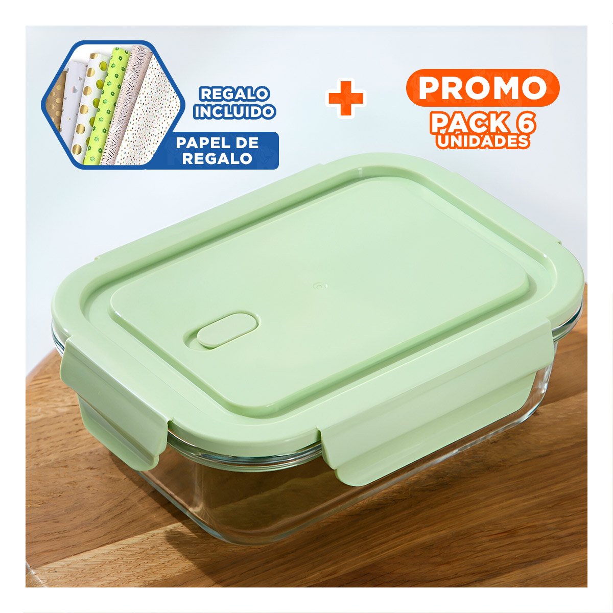 PACK6 CONTENEDOR PEQUENO DE VIDRIO 410 ML CON TAPA VERDE HOGAR Y+PAPEL REGALO - 1