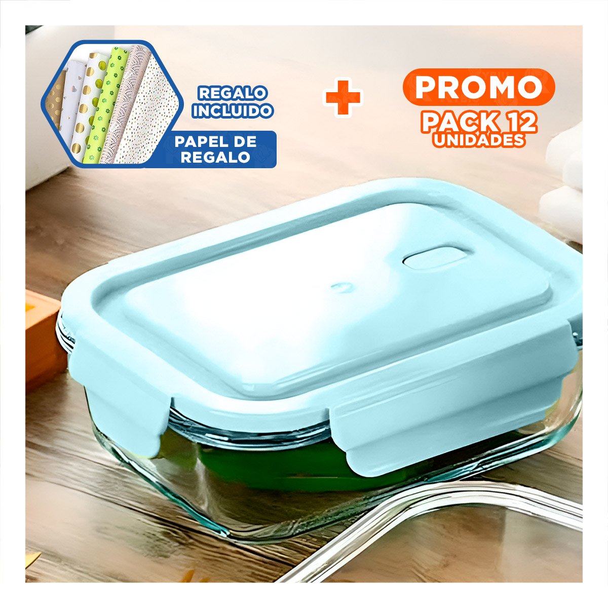 PACK12 CONTENEDOR PRACTICO DE VIDRIO 410 ML CON TAPA CHICO CELESTE Y+PAPEL REGALO - 1