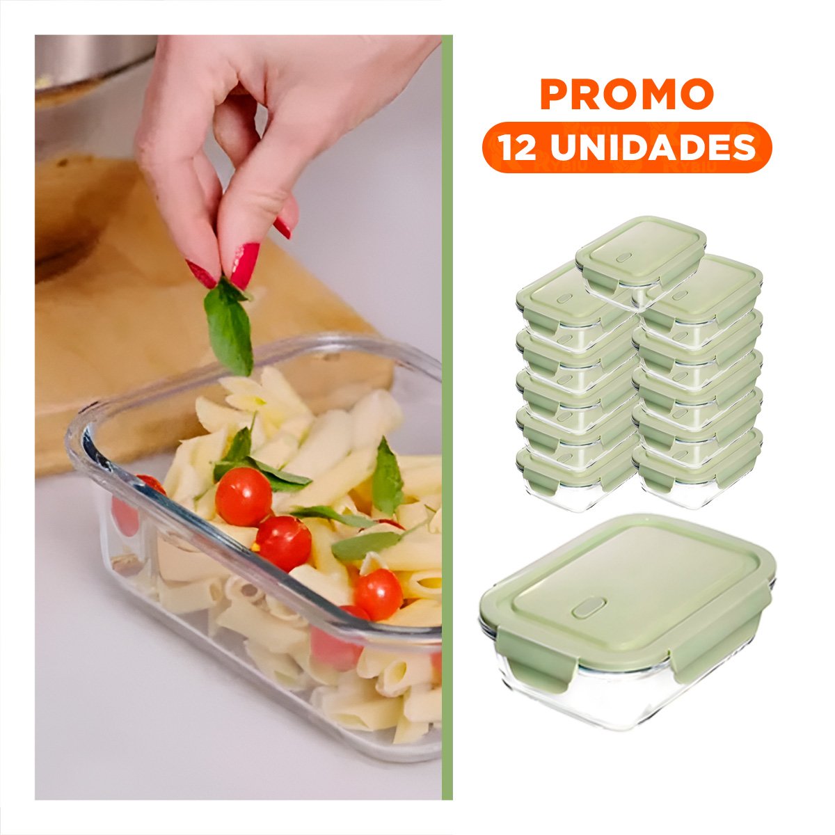 PACK12 RECIPIENTE COMPACTO DE VIDRIO 410 ML CON TAPA VERDE HOGAR Y+REGALO STICKER - 1