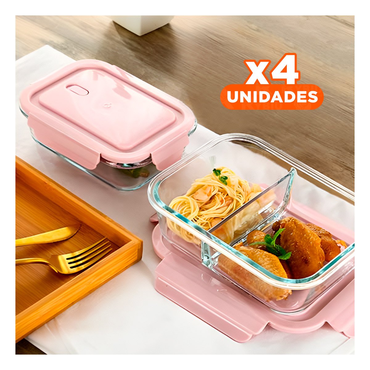 PACK4 CONTENEDOR PRACTICO DE VIDRIO 410 ML CON TAPA SEGURA ROSADO HOGAR - 1