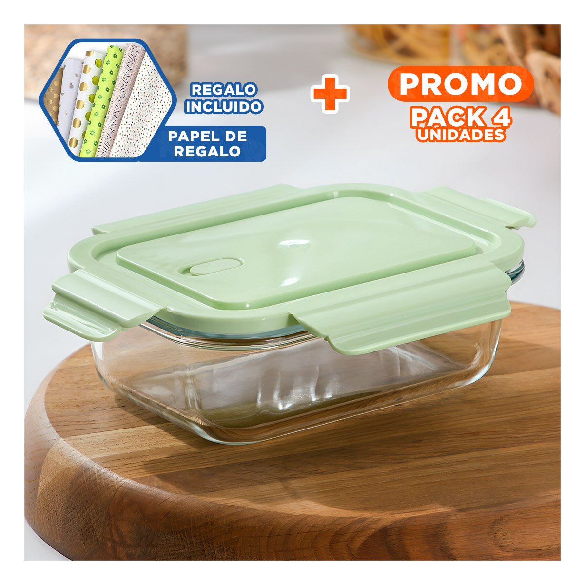 PACK4 BOTELLA DE VIDRIO 1040 ML CON TAPA VERDE PARA MANTENER FRESCURA Y+PAPEL REGALO - 1
