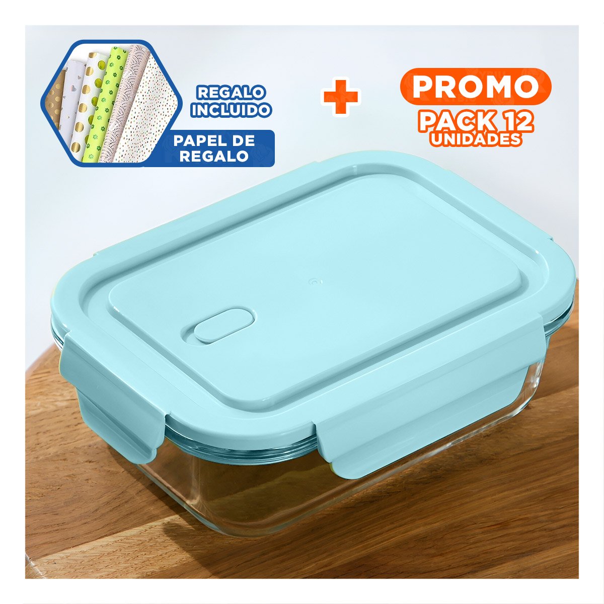 PACK12 RECIPIENTE DE VIDRIO 1040 ML CON TAPA CELESTE PRACTICO Y+PAPEL REGALO - 1