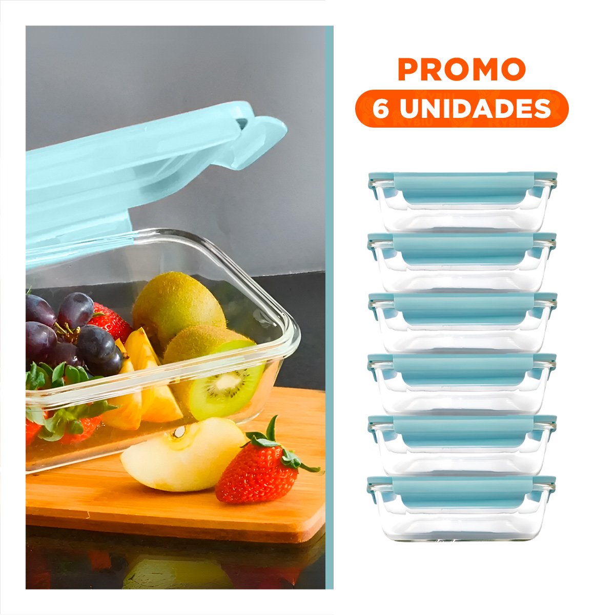PACK6 CONSERVADOR DE VIDRIO 1040 ML CON TAPA CELESTE PARA HOGAR - 1