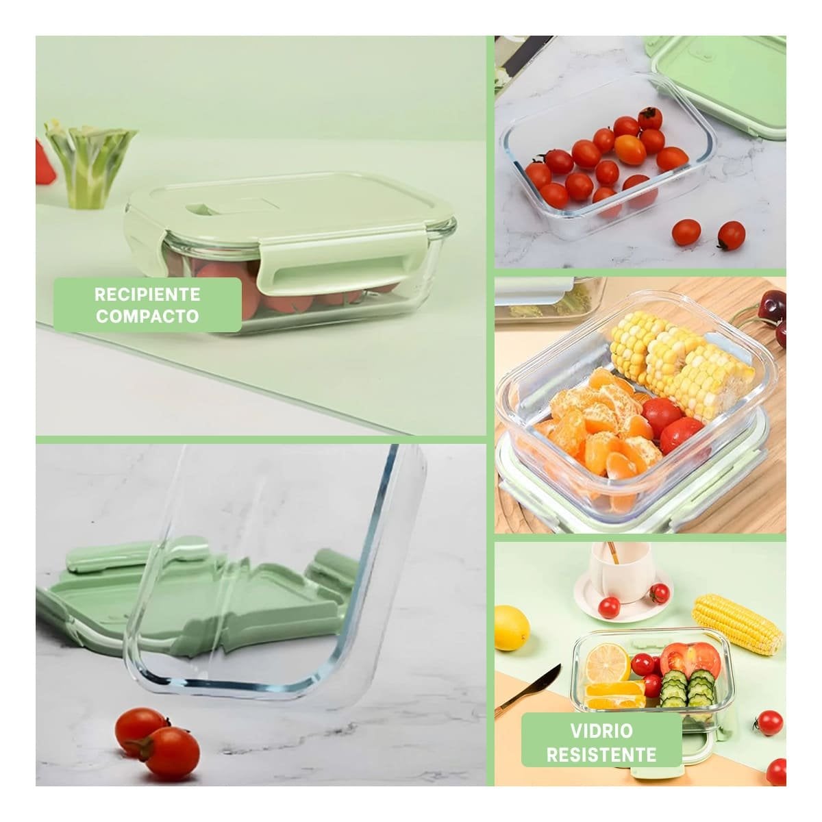 PACK4 TAZON DE VIDRIO 1040 ML CON TAPA VERDE PARA ALMACENAR COMIDA DIARIA Y+REGALO STICKER - 2