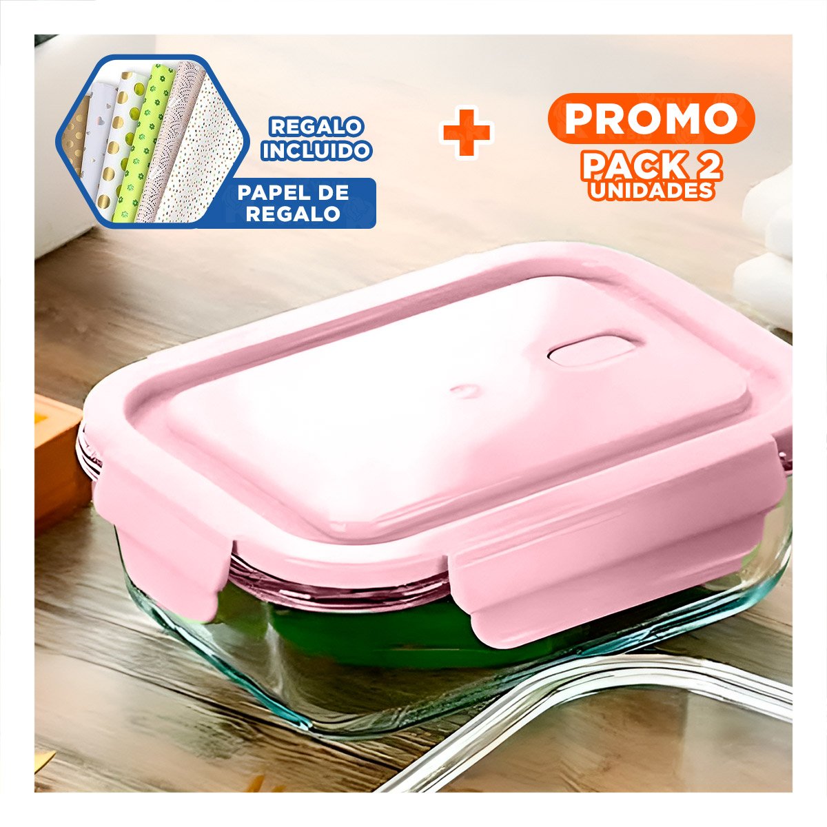 PACK2 ALMACENADOR PRACTICO DE VIDRIO 1040 ML CON TAPA ROSADO PARA HOGAR Y+PAPEL REGALO - 1