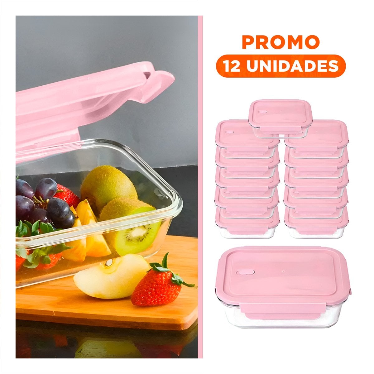 PACK12 ORGANIZADOR COMPACTO DE VIDRIO 1040 ML CON TAPA ROSADO PARA HOGAR Y+REGALO STICKER - 1
