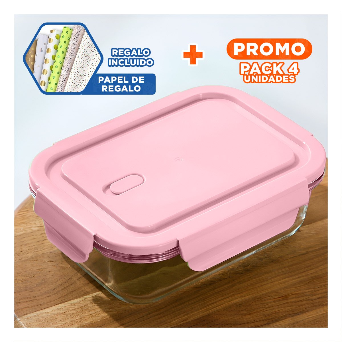 PACK4 ENVASE COMPACTO DE VIDRIO 1040 ML CON TAPA ROSADO PARA ALIMENTOS Y+PAPEL REGALO - 1