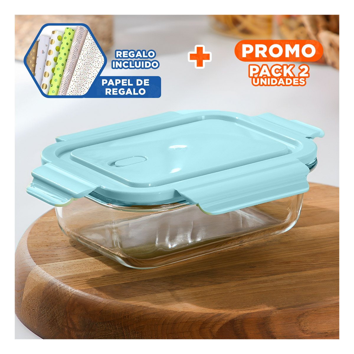 PACK2 ENVASE DE VIDRIO 1040 ML CON TAPA CELESTE PARA GUARDAR COMIDA Y+PAPEL REGALO - 1