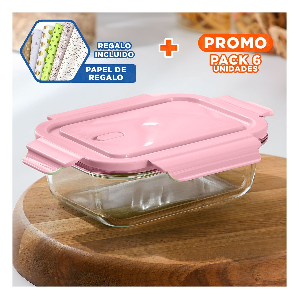 PACK6 PORTA COMIDA COMPACTO DE VIDRIO 410 ML CON TAPA SEGURA ROSADO COCINA Y+PAPEL REGALO - 1
