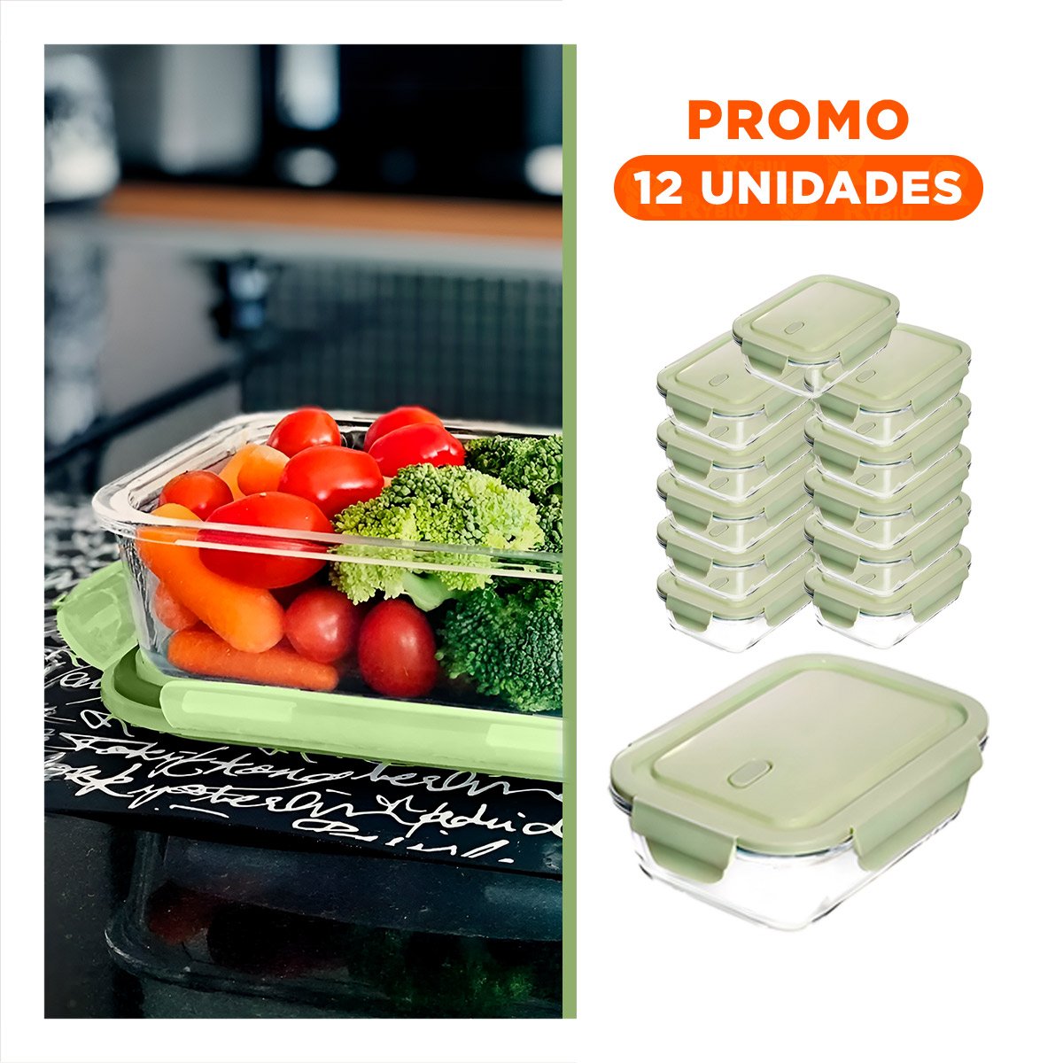 PACK12 CAJA DE VIDRIO 1040 ML CON TAPA VERDE PARA GUARDAR INGREDIENTES Y+REGALO STICKER - 1