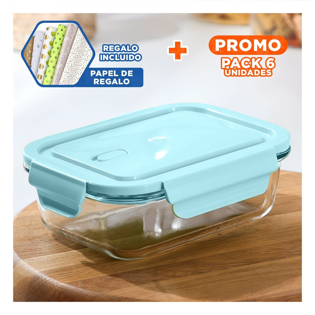 PACK6 REFRACTARIO CHICO DE VIDRIO 410 ML CON TAPA CELESTE Y+PAPEL REGALO - 1