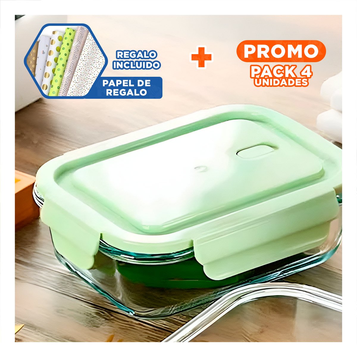 PACK4 CAJA PEQUENA DE VIDRIO 410 ML CON TAPA VERDE PARA COCINA Y+PAPEL REGALO - 1