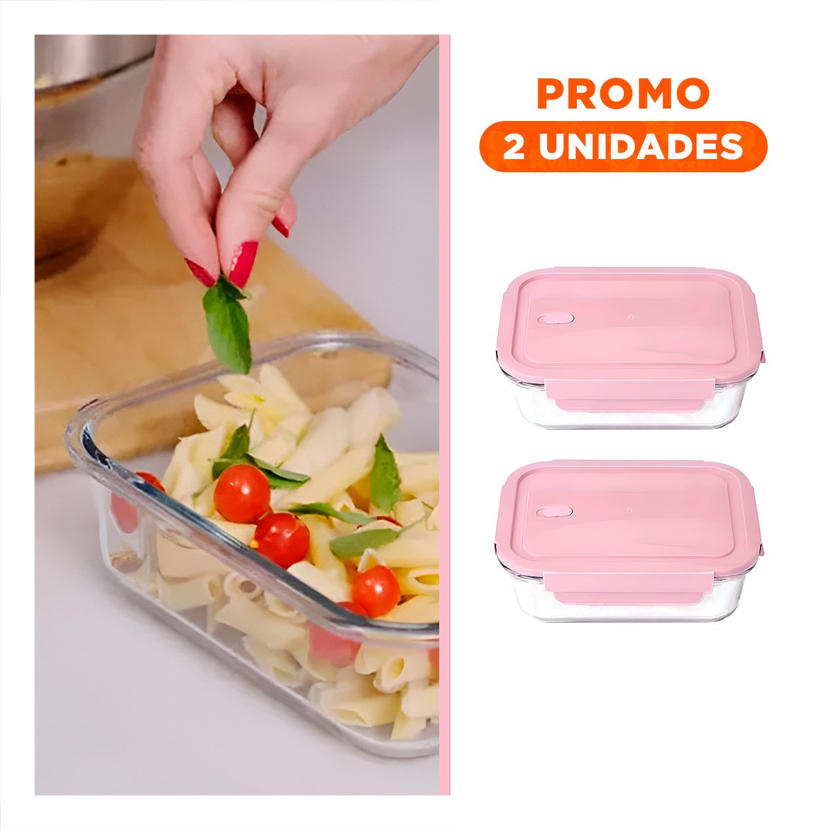 PACK2 CONSERVADOR MODERNO DE VIDRIO 1040 ML CON TAPA ROSADO PARA COCINA - 1