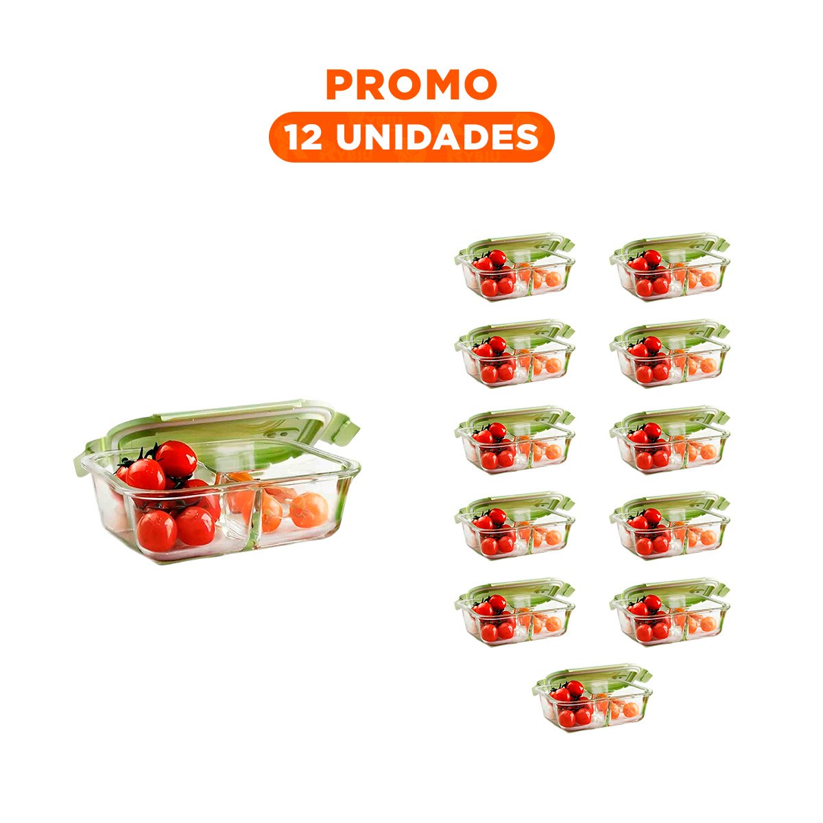 PACK12 CONTENEDOR CON TAPA COLOR VERDE DE VIDRIO Y 2 DIVISIONES PARA PORCIONES Y+REGALO STICKER - 1