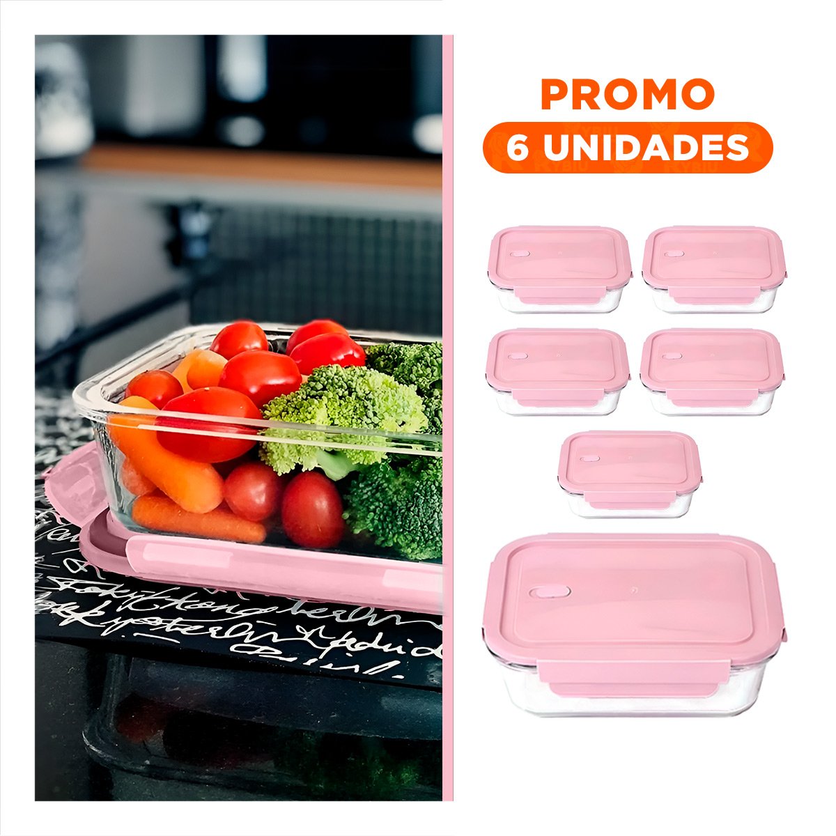 PACK6 HERMETICO COMPACTO DE VIDRIO 1040 ML CON TAPA ROSADO PARA HOGAR - 1