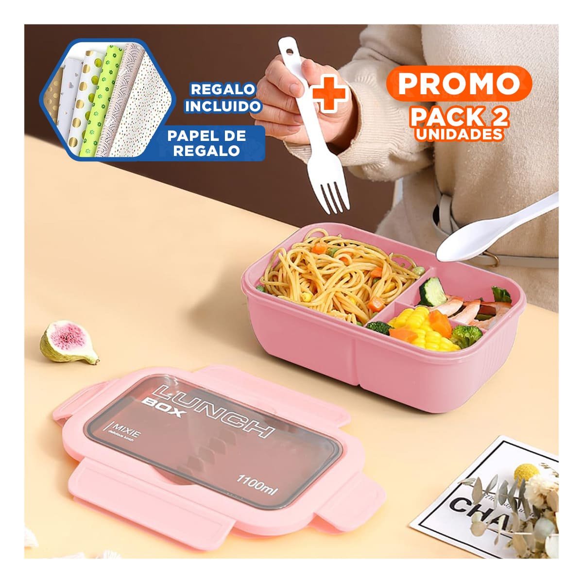 PACK2 TAPER DE USO DIARIO ROSADO 1100ML CON DOS COMPARTIMENTOS Y CUBIERTOS Y+PAPEL REGALO - 1