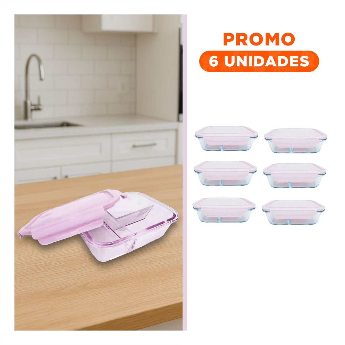 PACK6 BANDEJA DE VIDRIO ROSADO PARA ALMUERZO CON 3 DIVISIONES - 1