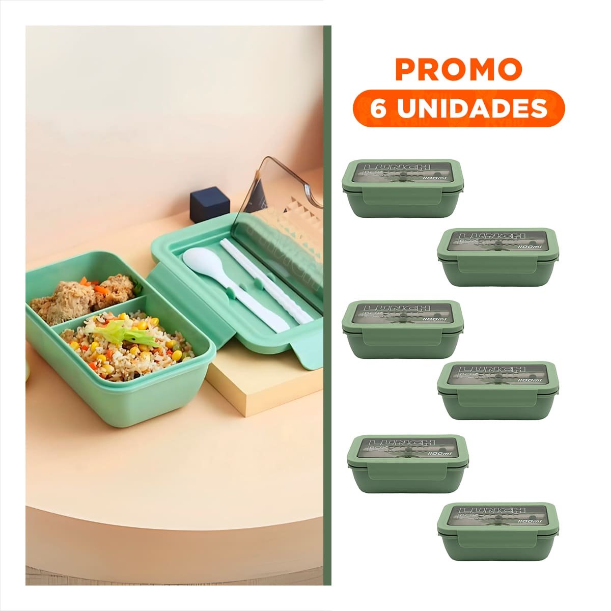 PACK6 RECIPIENTE 1100ML VERDE CON ESPACIO INTERNO DIVIDIDO EN DOS - 1