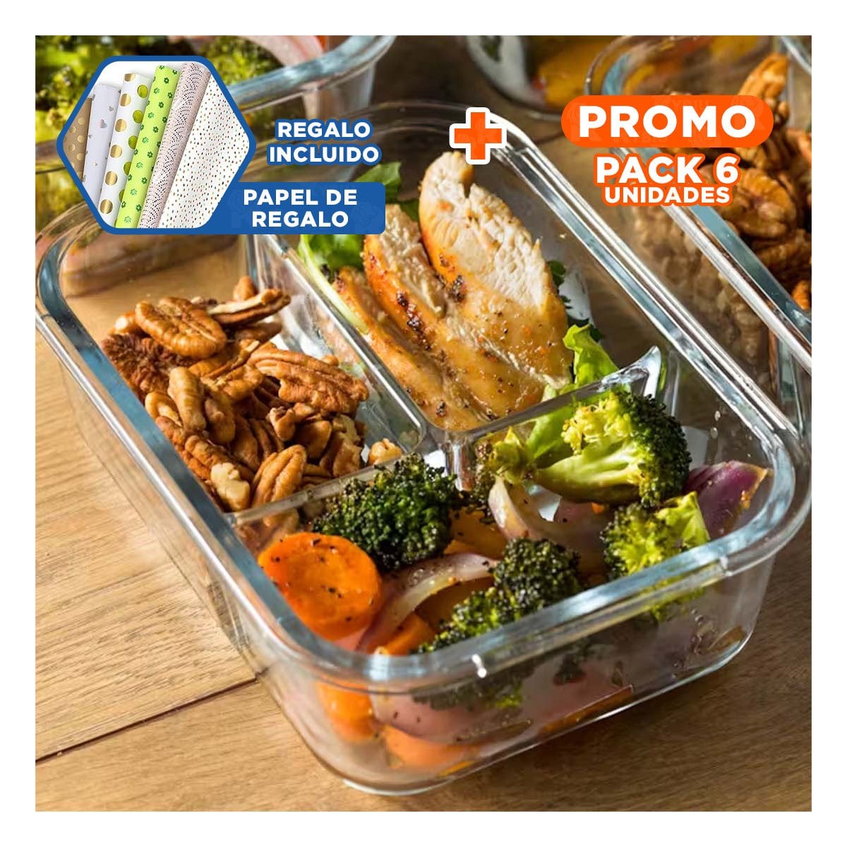 PACK6 CONTENEDOR DE VIDRIO PARA REFRIGERAR CON 3 DIVISIONES Y+PAPEL REGALO - 1