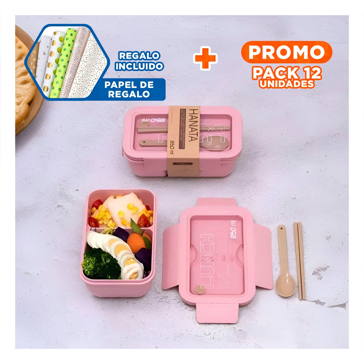 PACK12 CONTENEDOR CON 1100ML Y FORMATO INTERIOR EN DOS COMPARTIMENTOS ROSADO Y+PAPEL REGALO - 1