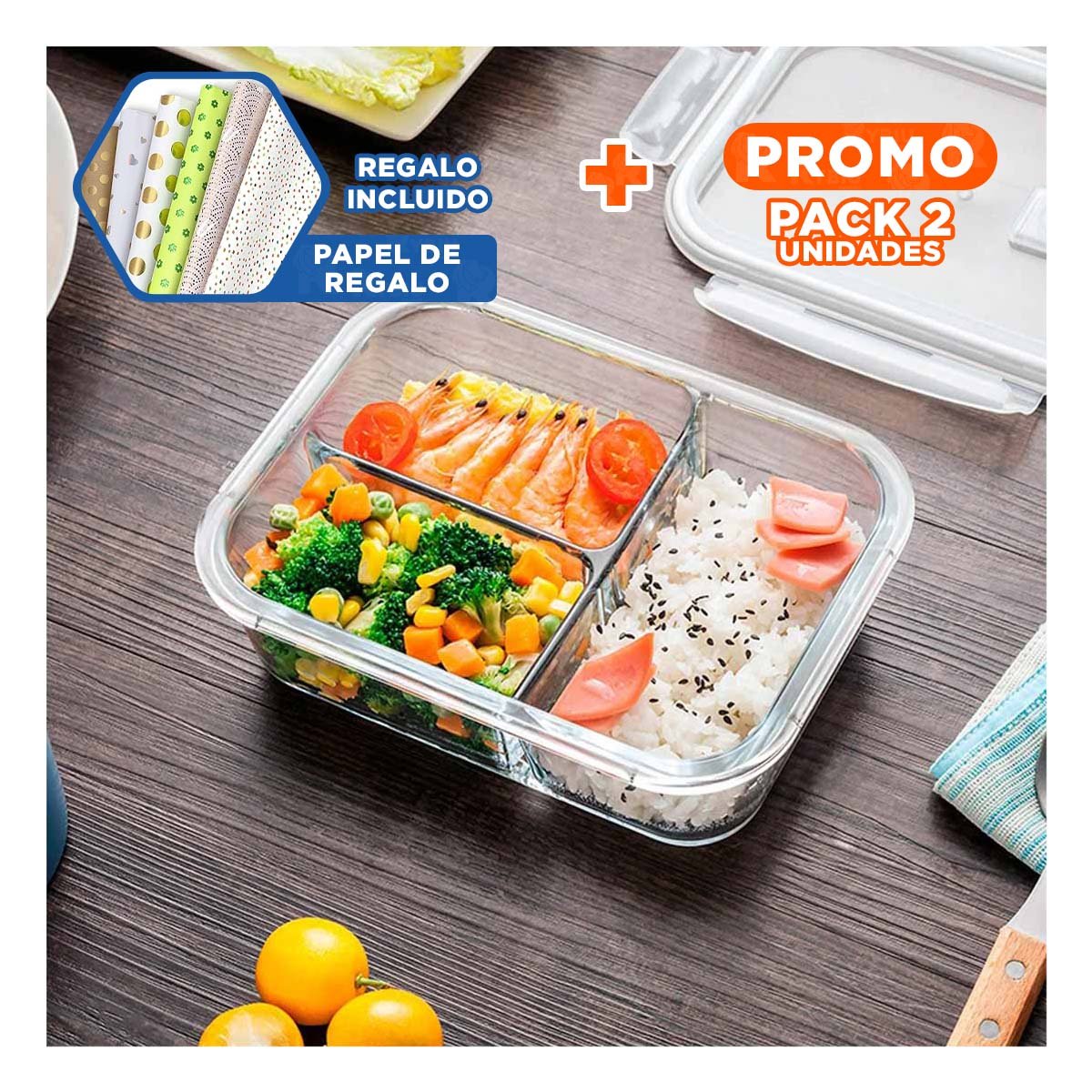 PACK2 DEPOSITO DE VIDRIO PARA ALMUERZO CON 3 DIVISIONES Y+PAPEL REGALO - 1