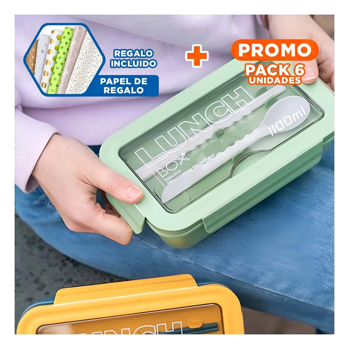 PACK6 RECIPIENTE VERDE CON DOS COMPARTIMENTOS Y CUBIERTOS PARA OFICINA Y+PAPEL REGALO - 1