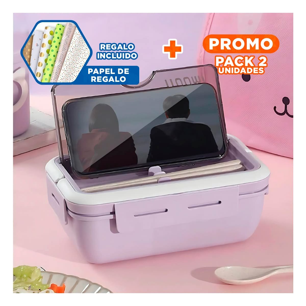 PACK2 TAPER DE USO DIARIO MORADO 1100ML CON DOS COMPARTIMENTOS Y CUBIERTOS Y+PAPEL REGALO - 1