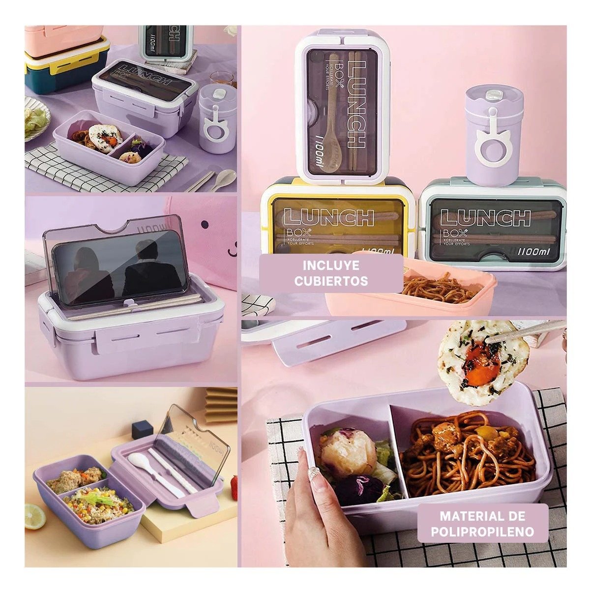 PACK2 TAPER DE USO DIARIO MORADO 1100ML CON DOS COMPARTIMENTOS Y CUBIERTOS Y+PAPEL REGALO - 3