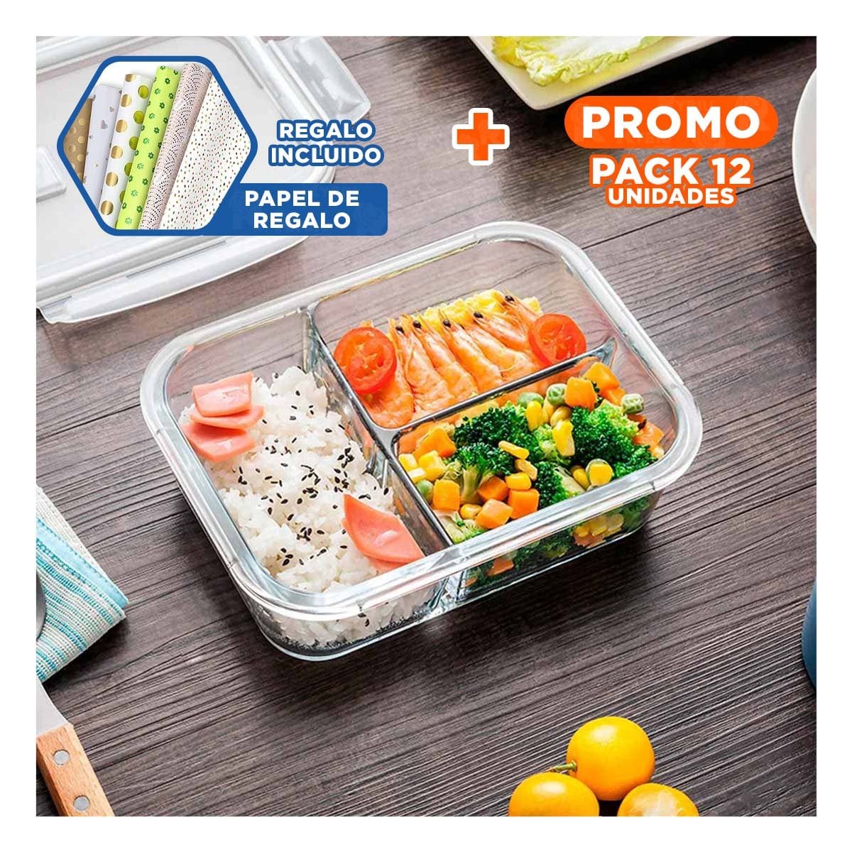PACK12 CAJA DE VIDRIO PARA REFRIGERAR CON 3 DIVISIONES Y+PAPEL REGALO - 1