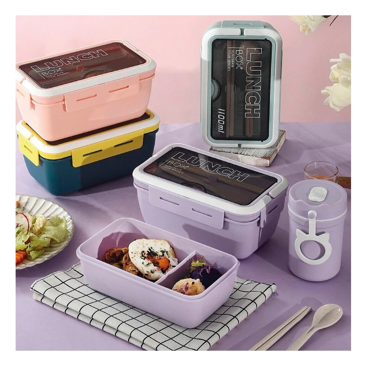 PACK6 RECIPIENTE MORADO CON DOS COMPARTIMENTOS Y CUBIERTOS PARA OFICINA Y+PAPEL REGALO - 2