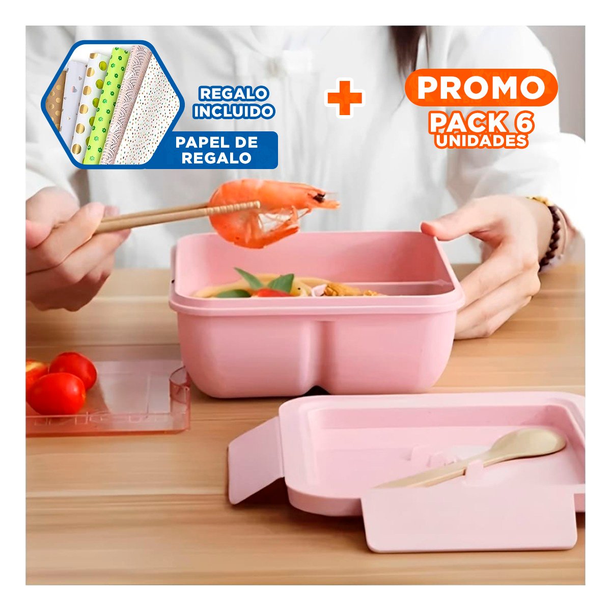 PACK6 RECIPIENTE ROSADO CON DOS COMPARTIMENTOS Y CUBIERTOS PARA OFICINA Y+PAPEL REGALO - 1