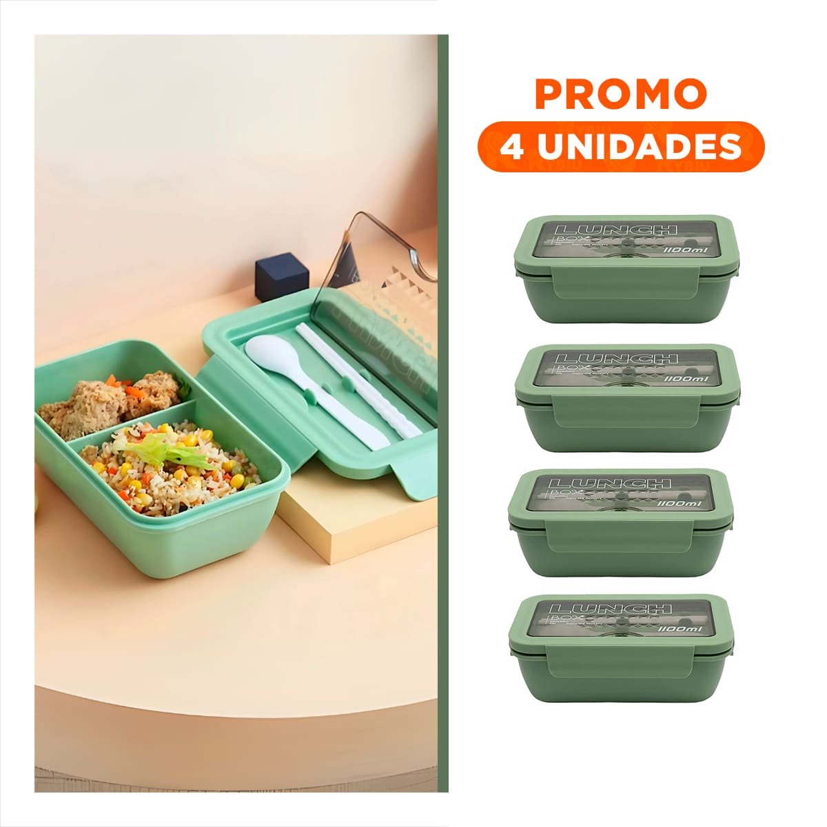 PACK4 RECIPIENTE VERDE DE 1100ML CON CUBIERTOS Y ORGANIZACION PRACTICA Y+REGALO STICKER - 1
