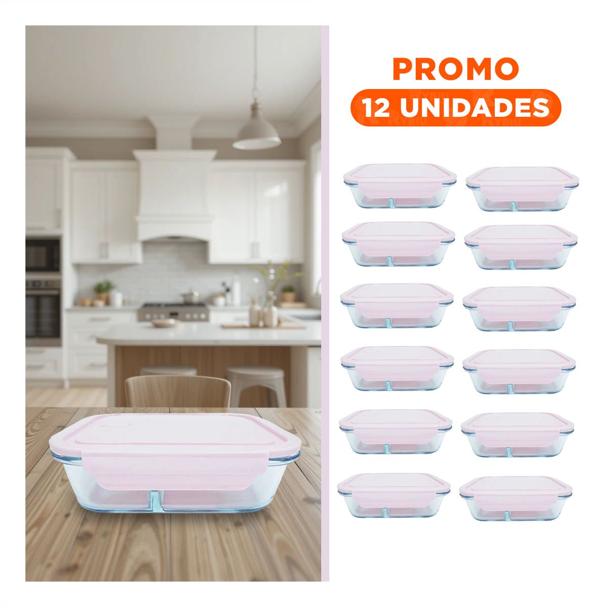 PACK12 DEPOSITO DE VIDRIO ROSADO PARA REFRIGERAR CON 3 DIVISIONES Y+REGALO STICKER - 1