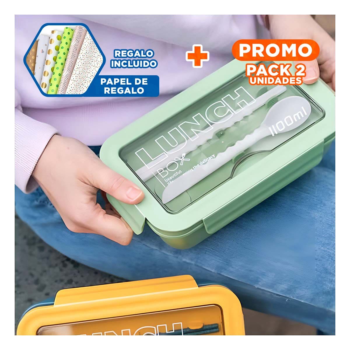 PACK2 TAPER DE USO DIARIO VERDE 1100ML CON DOS COMPARTIMENTOS Y CUBIERTOS Y+PAPEL REGALO - 1