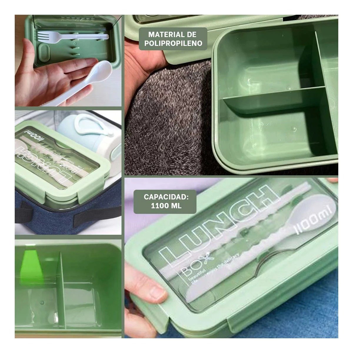 PACK2 TAPER DE USO DIARIO VERDE 1100ML CON DOS COMPARTIMENTOS Y CUBIERTOS Y+PAPEL REGALO - 3