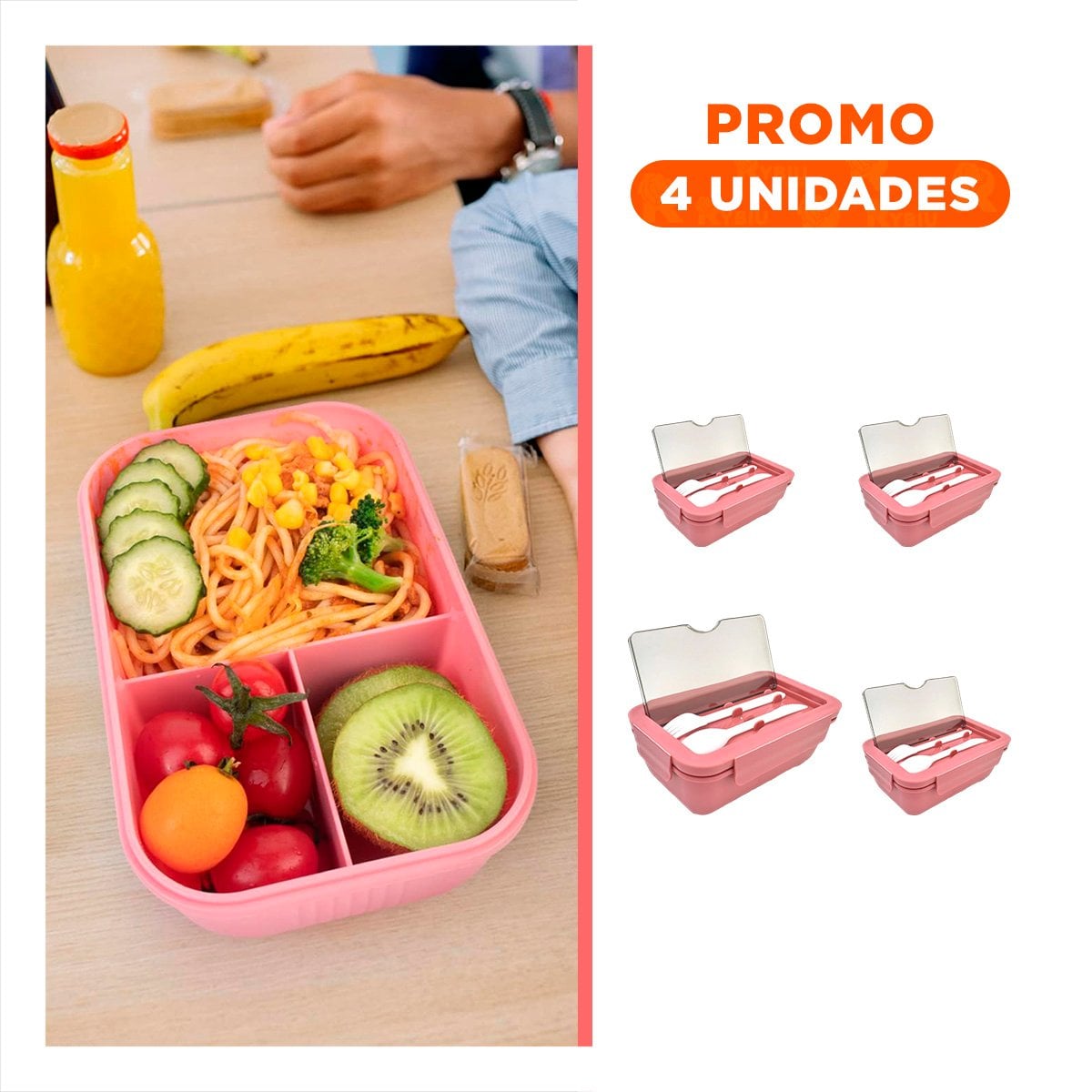 PACK4 RECIPIENTE ROSADO DE 1100ML CON CUBIERTOS Y ORGANIZACION PRACTICA Y+REGALO STICKER - 1