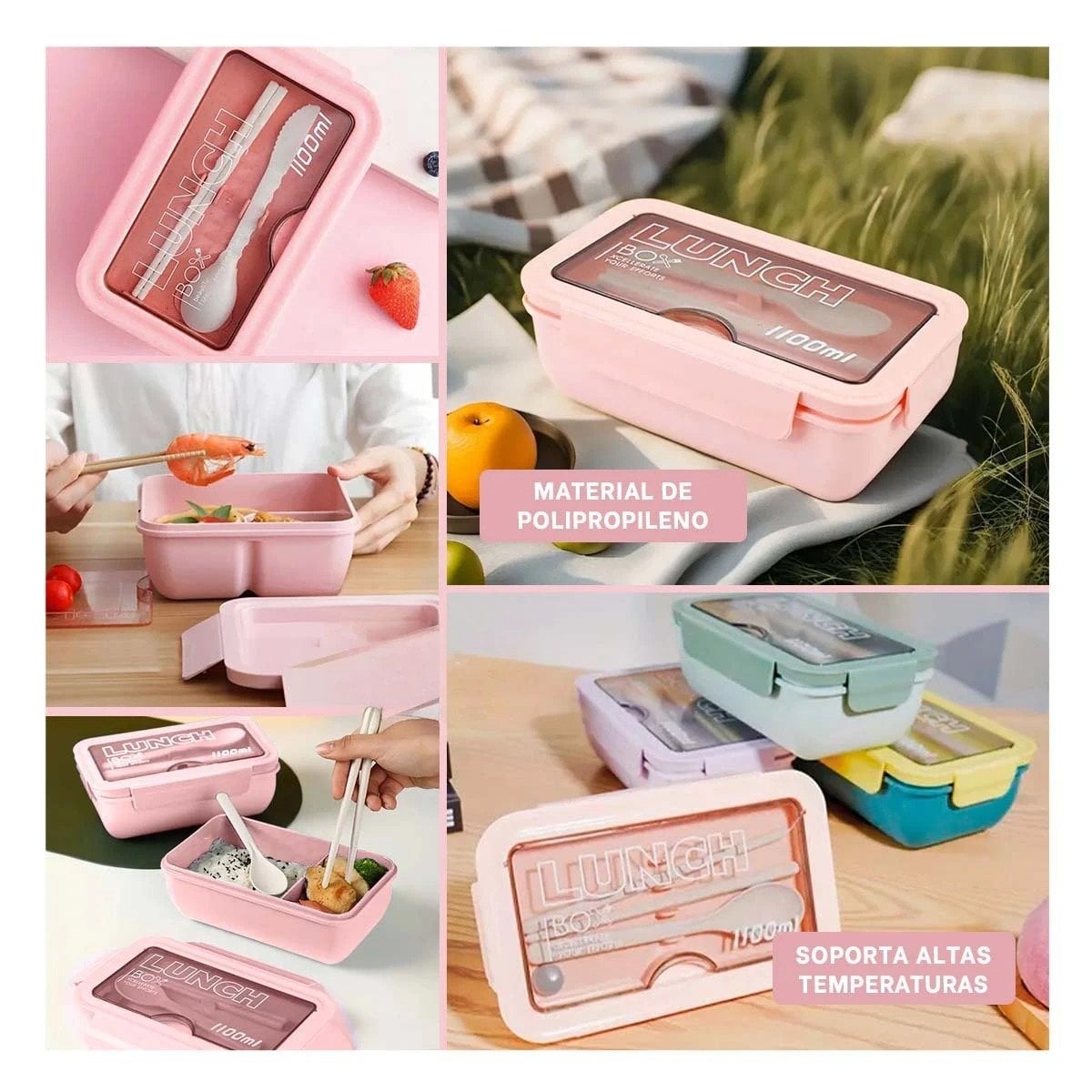 PACK4 RECIPIENTE ROSADO DE 1100ML CON CUBIERTOS Y ORGANIZACION PRACTICA Y+REGALO STICKER - 2