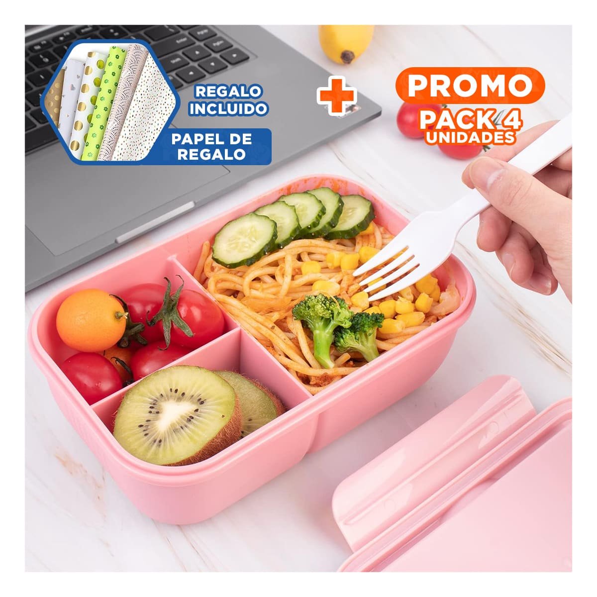 PACK4 TAPER DE COMIDA 1100ML ROSADO CON CUBIERTOS Y DIVISION DOBLE Y+PAPEL REGALO - 1