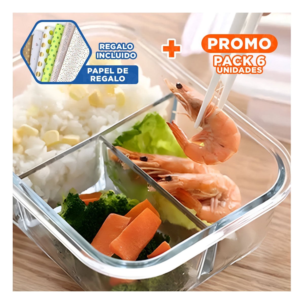 PACK6 RECIPIENTE DE VIDRIO ROSADO PARA REFRIGERAR CON 3 DIVISIONES Y+PAPEL REGALO - 1