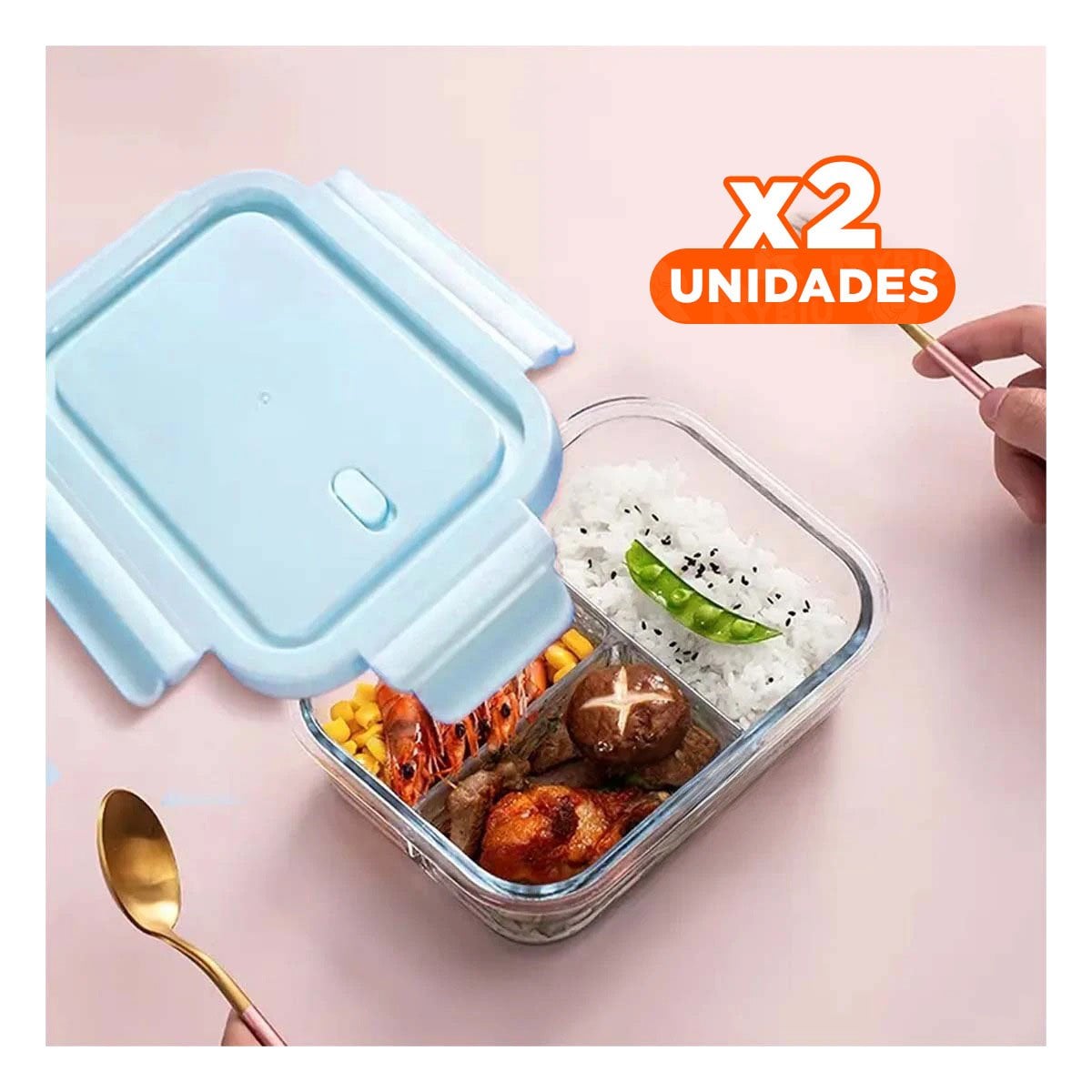 PACK2 CAJA DE VIDRIO PARA ALMUERZO CON 3 DIVISIONES Y+REGALO STICKER - 1